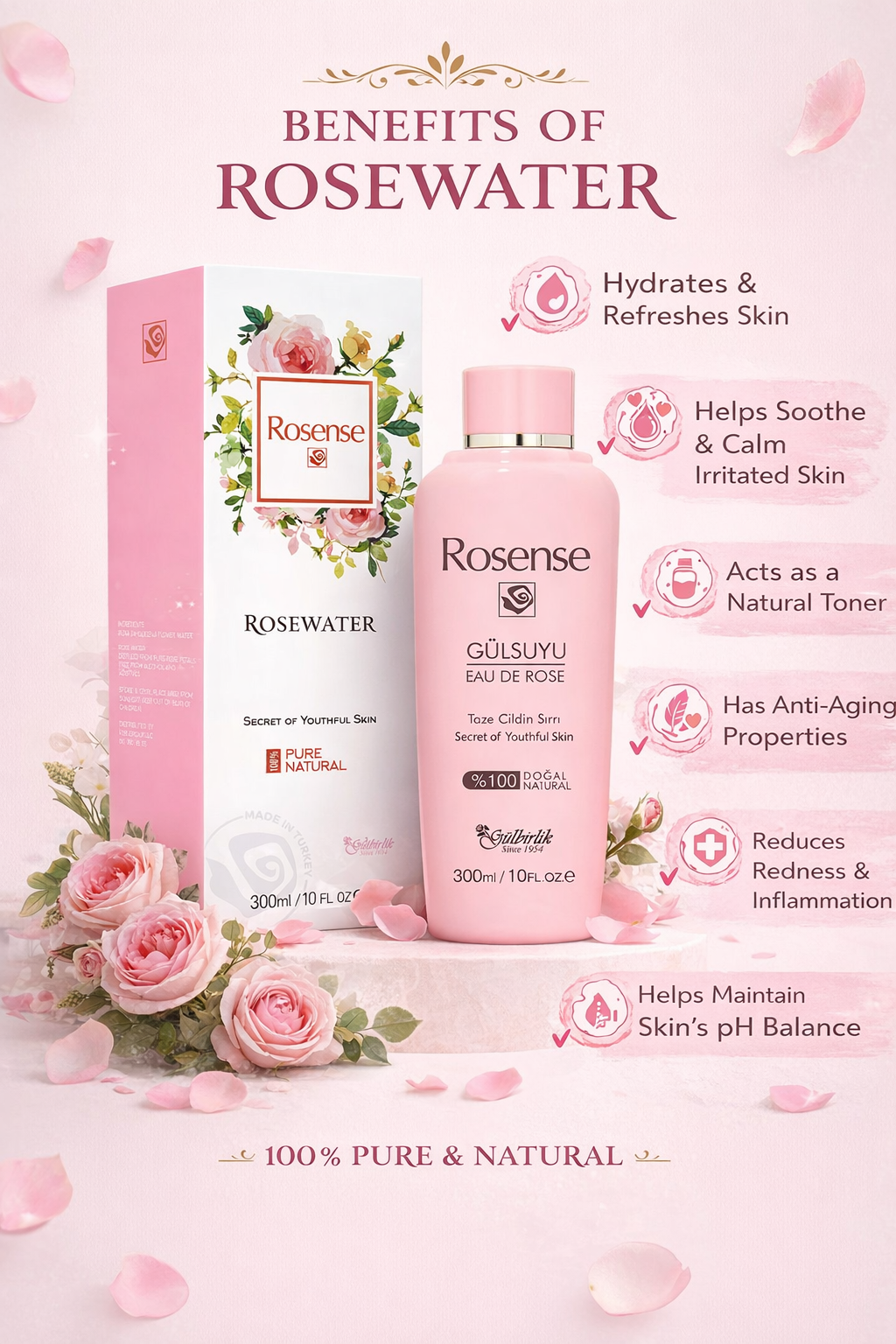 Rosense  Rosewater 100 % Natural  Cleanser & Tonner 300ml image 2